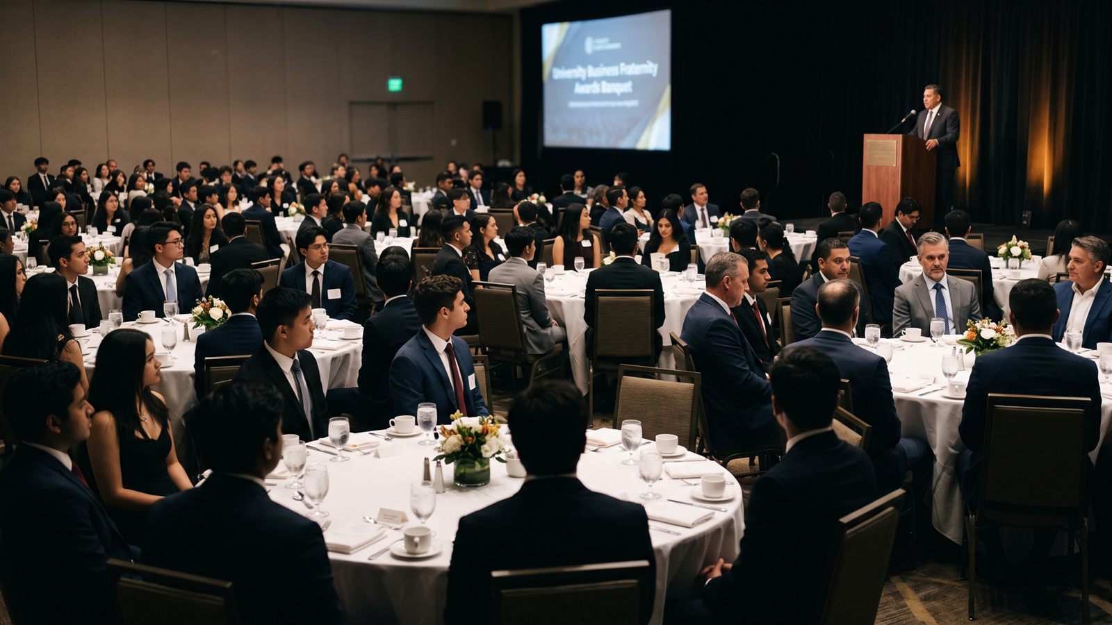 A full room seated at round tables for the banquet that closes the semester